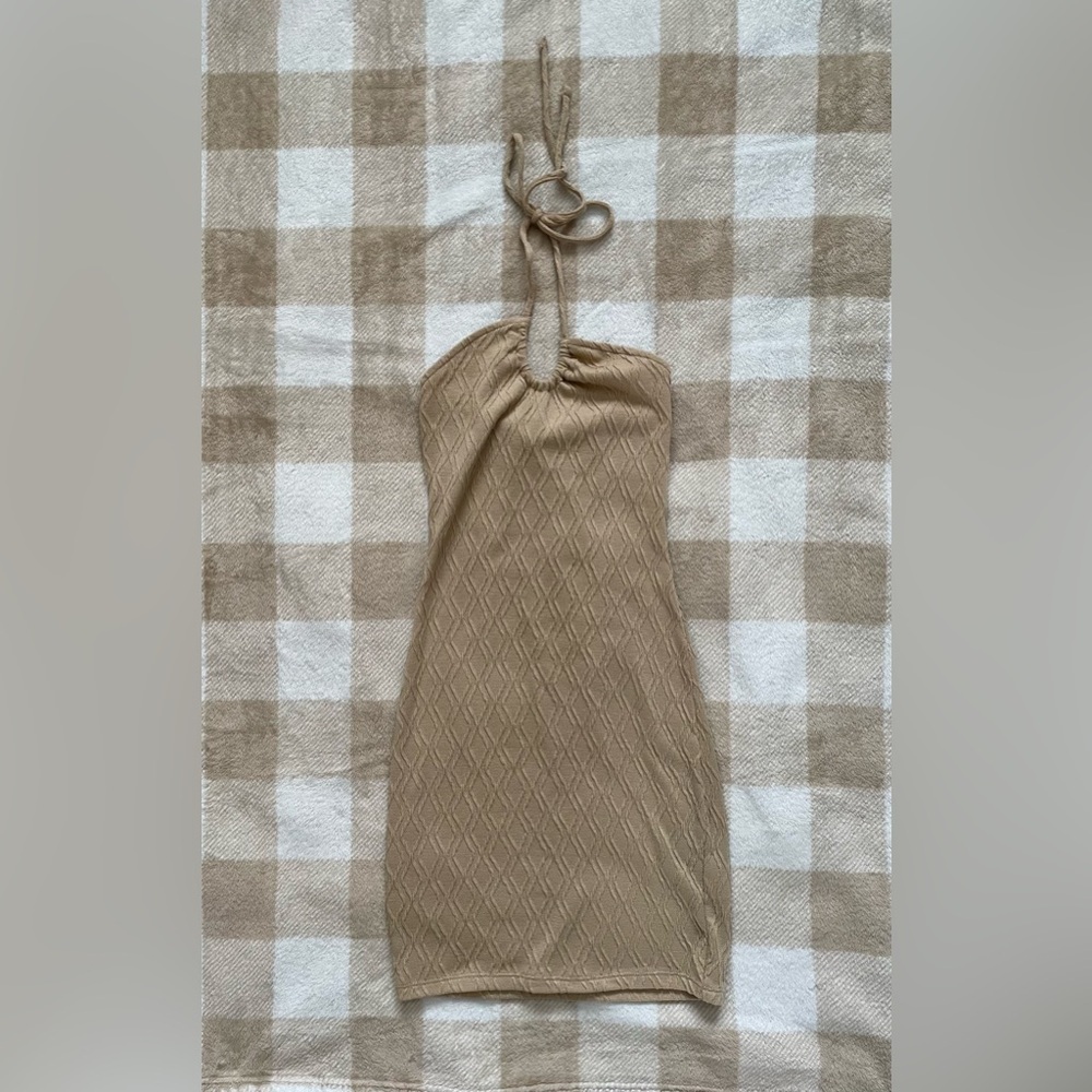 DIVIDED Women’s Size Small Tan Halter Neck Knit Mini Beach Bodycon Dress